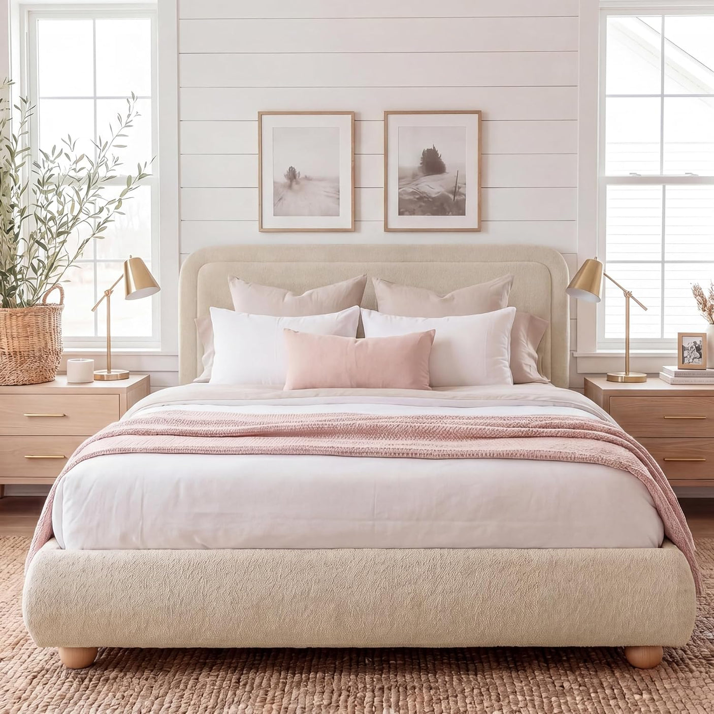 Cloud Boucle Bed Frame | Rounded Headboard, Solid Wood Legs, No Box Spring Needed khaki 