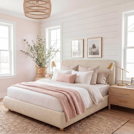 Cloud Boucle Bed Frame | Rounded Headboard, Solid Wood Legs, No Box Spring Needed khaki 