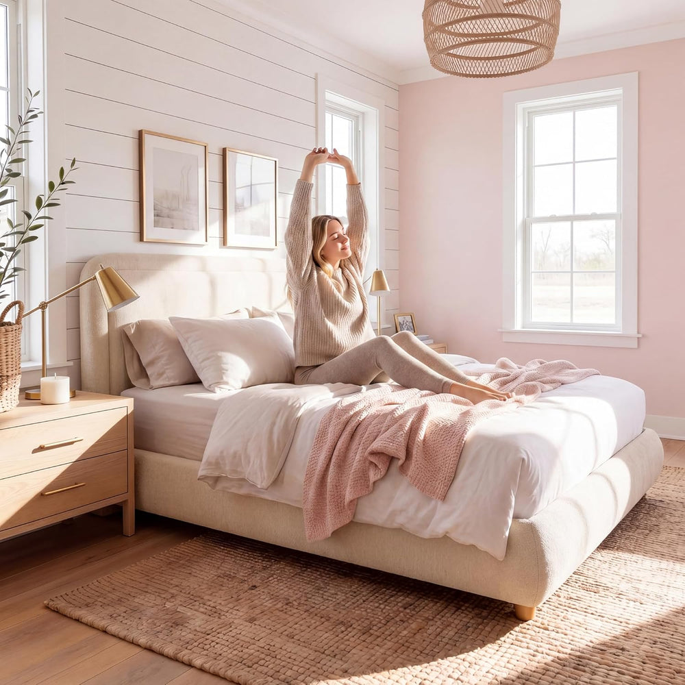 Cloud Boucle Bed Frame | Rounded Headboard, Solid Wood Legs, No Box Spring Needed khaki 