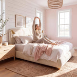 Cloud Boucle Bed Frame | Rounded Headboard, Solid Wood Legs, No Box Spring Needed khaki 