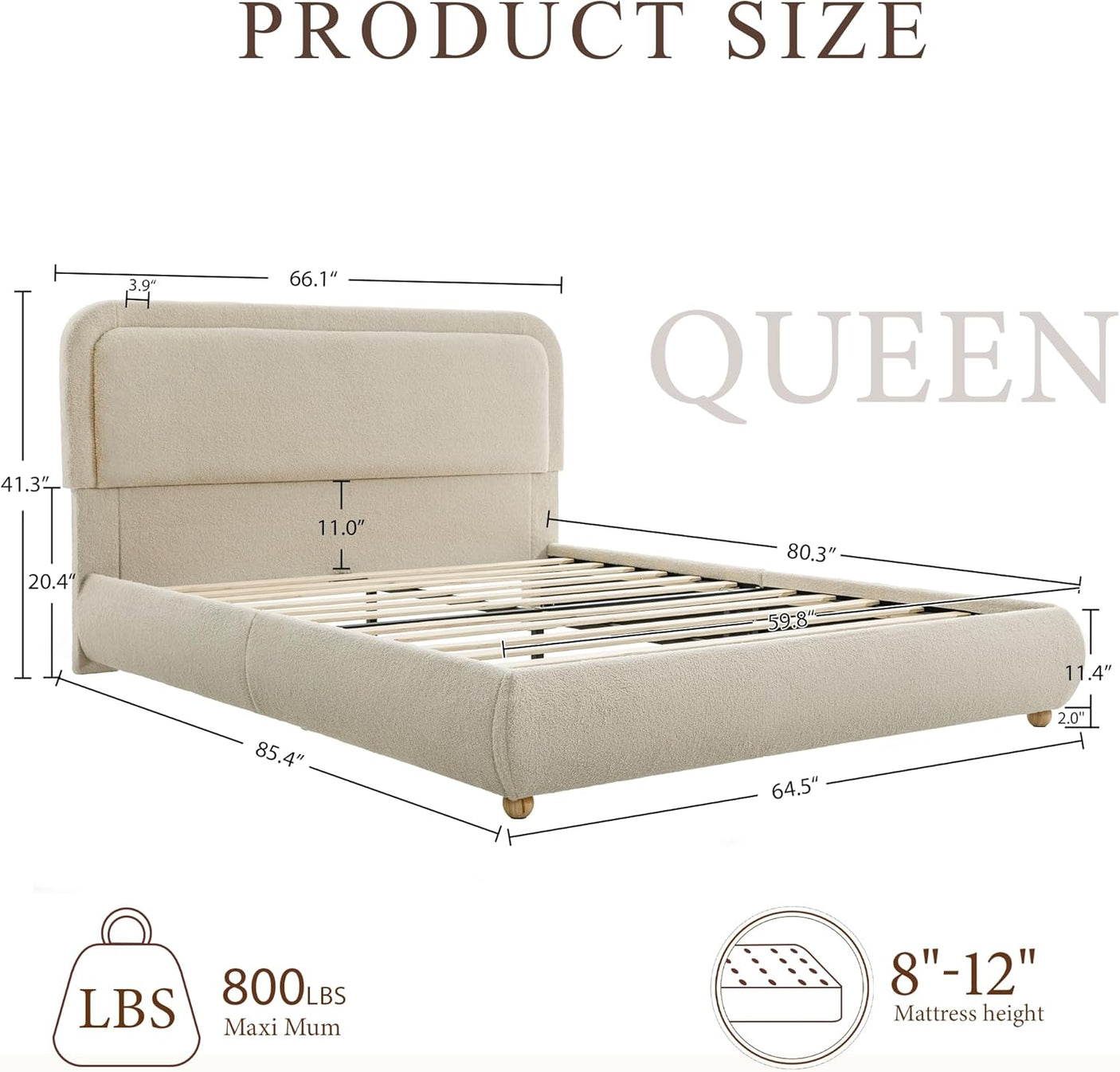 Cloud Boucle Bed Frame | Rounded Headboard, Solid Wood Legs, No Box Spring Needed khaki  queen size