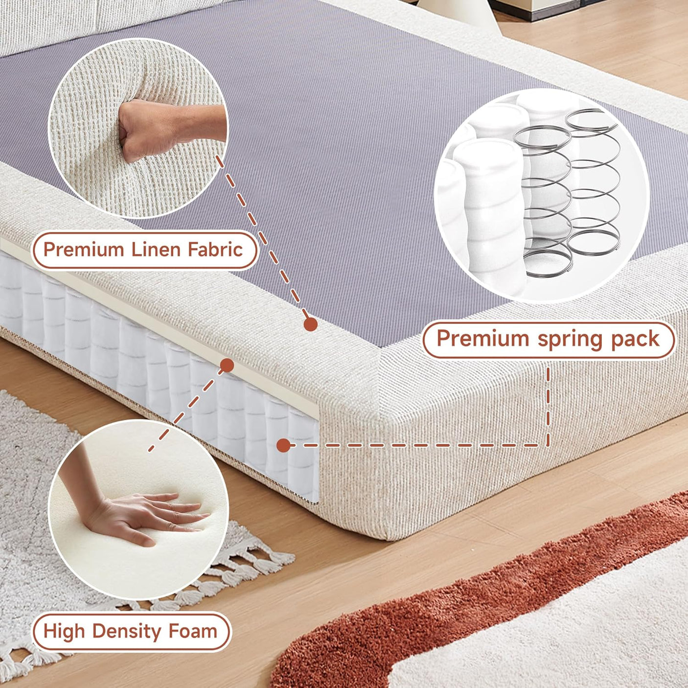 Cloud Bed Frame - Queen Upholstered Linen Platform Bed Frame, 1-Minute Tool-Free Setup, Modern Padded Headboard Mattress Foundation, Supportive Dual-Core Silent Bed Frame