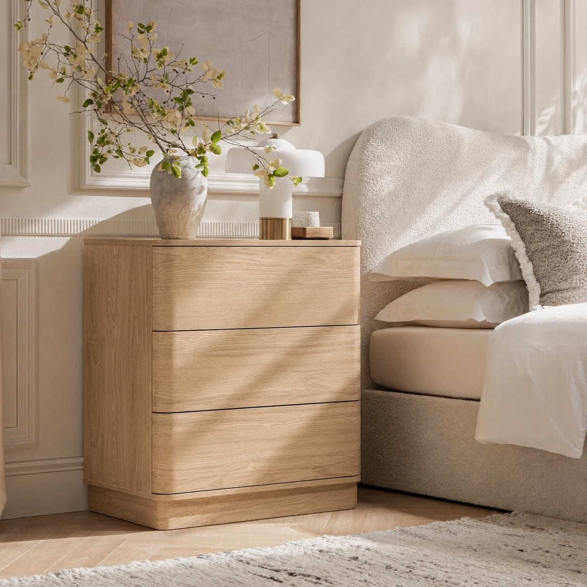 Curved Nightstand with Hidden Drawer | 3 Push-to-Open Drawers | Natural Oak & Walnut