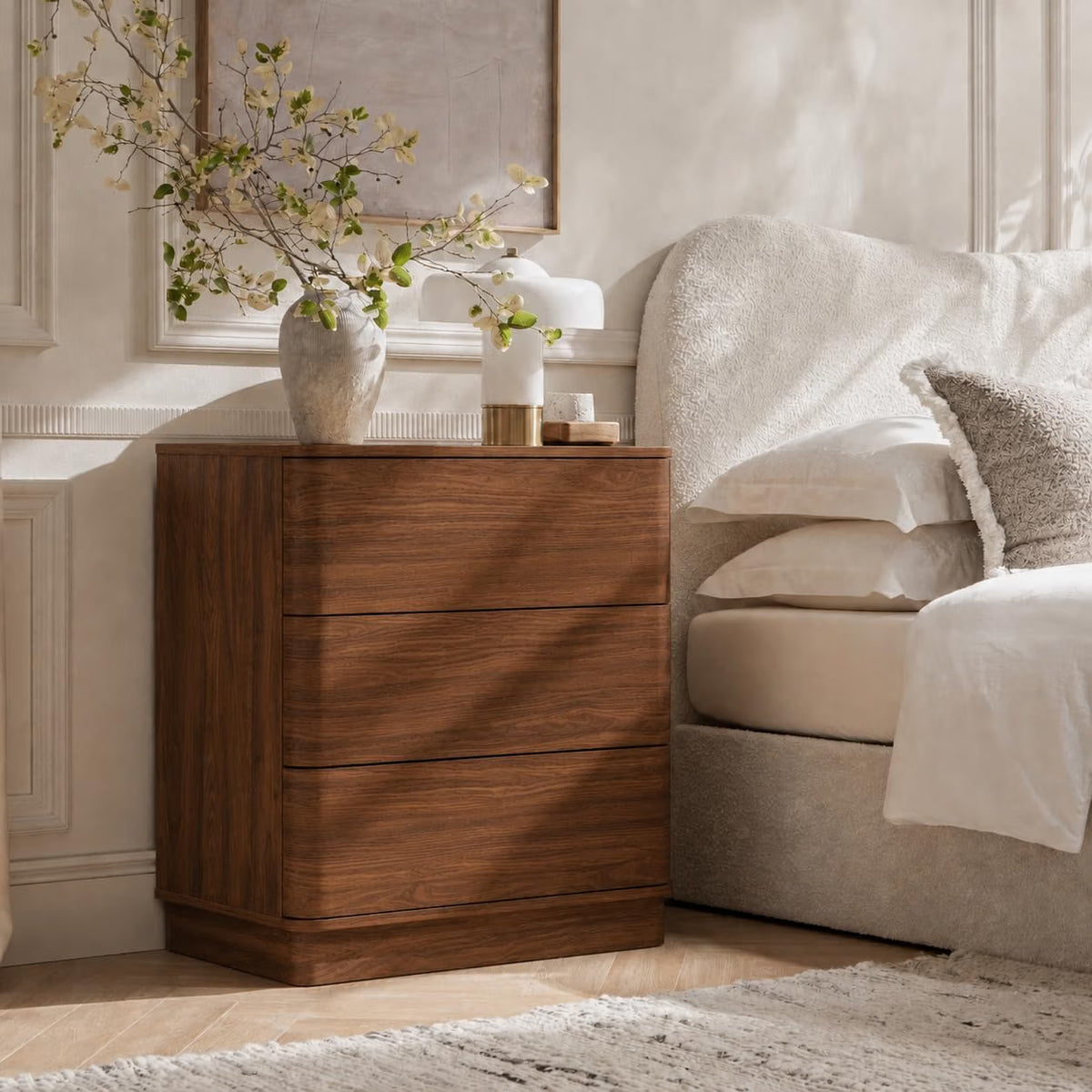 Curved Nightstand with Hidden Drawer | 3 Push-to-Open Drawers | Natural Oak & Walnut 10