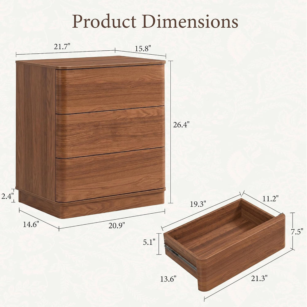 Curved Nightstand with Hidden Drawer | 3 Push-to-Open Drawers | Natural Oak & Walnut 11