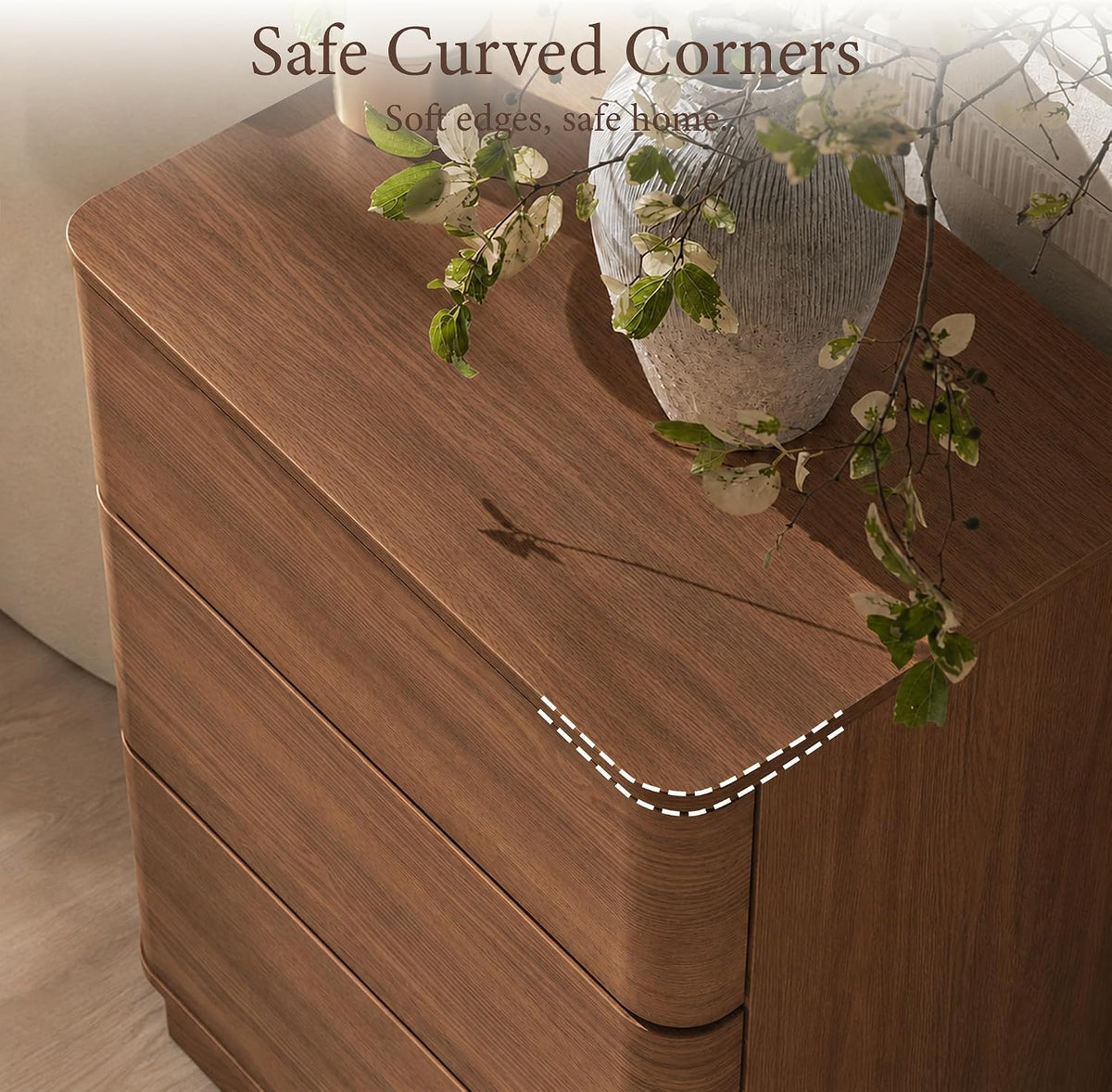Curved Nightstand with Hidden Drawer | 3 Push-to-Open Drawers | Natural Oak & Walnut 13