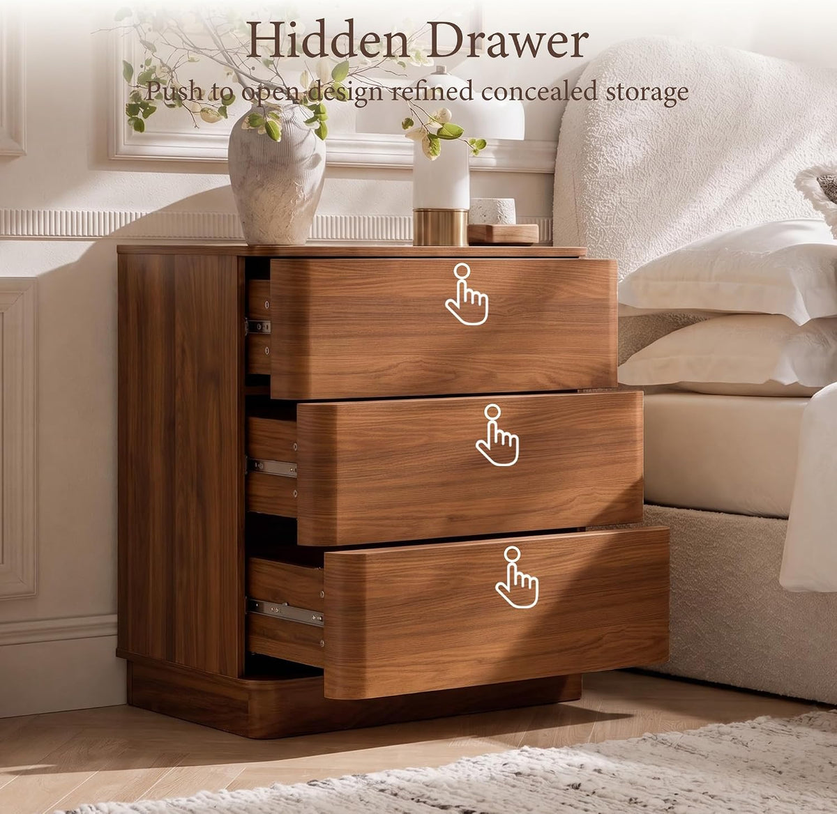 Curved Nightstand with Hidden Drawer | 3 Push-to-Open Drawers | Natural Oak & Walnut 14