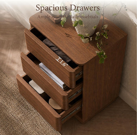 Curved Nightstand with Hidden Drawer | 3 Push-to-Open Drawers | Natural Oak & Walnut 16