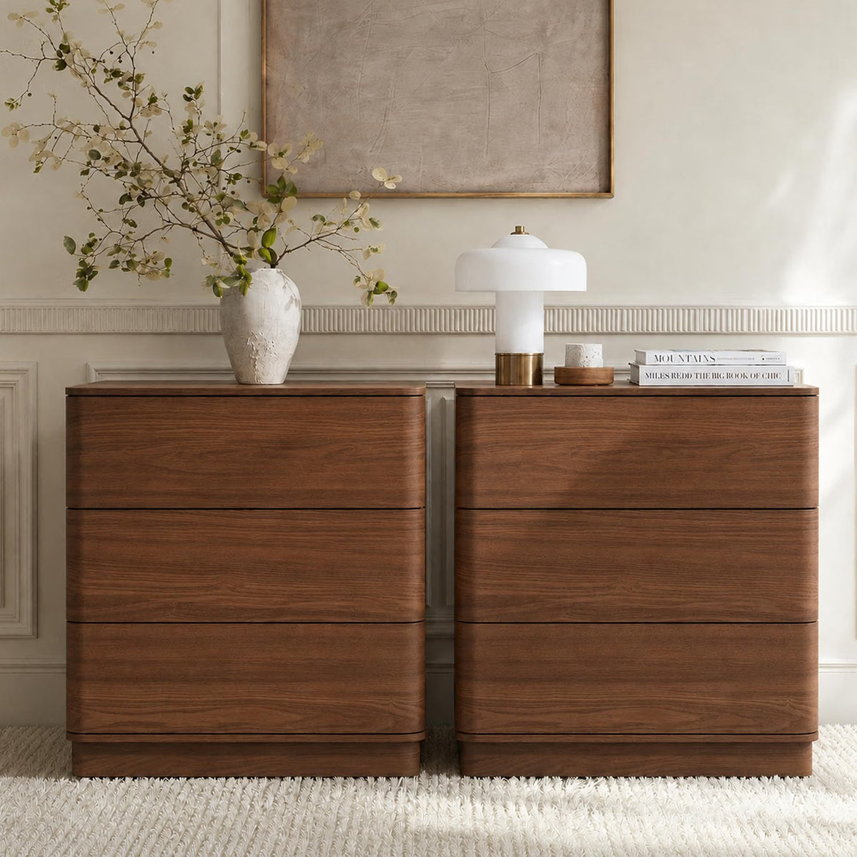 Curved Nightstand with Hidden Drawer | 3 Push-to-Open Drawers | Natural Oak & Walnut 17