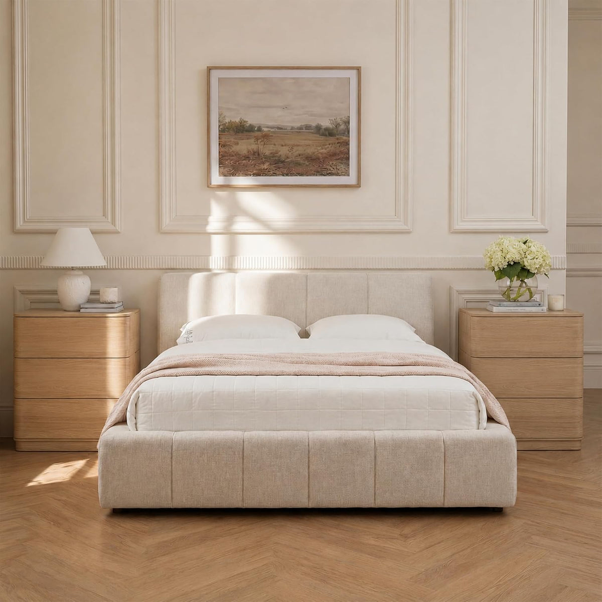 Curved Nightstand with Hidden Drawer | 3 Push-to-Open Drawers | Natural Oak & Walnut 3