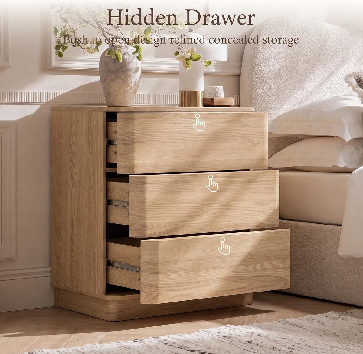 Curved Nightstand with Hidden Drawer | 3 Push-to-Open Drawers | Natural Oak & Walnut 4