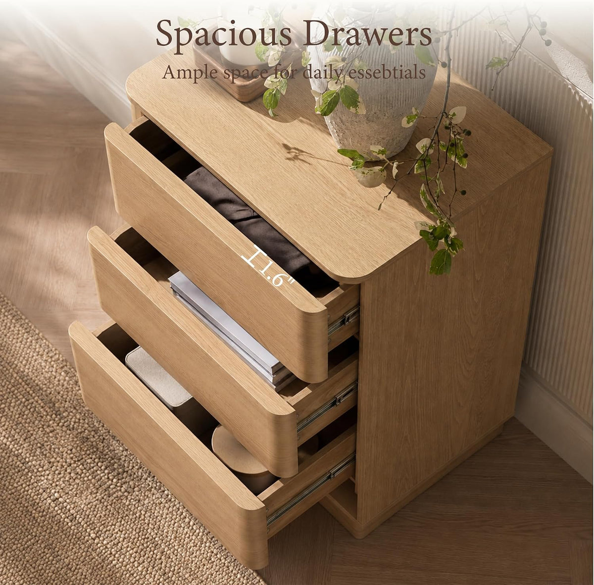 Curved Nightstand with Hidden Drawer | 3 Push-to-Open Drawers | Natural Oak & Walnut 7
