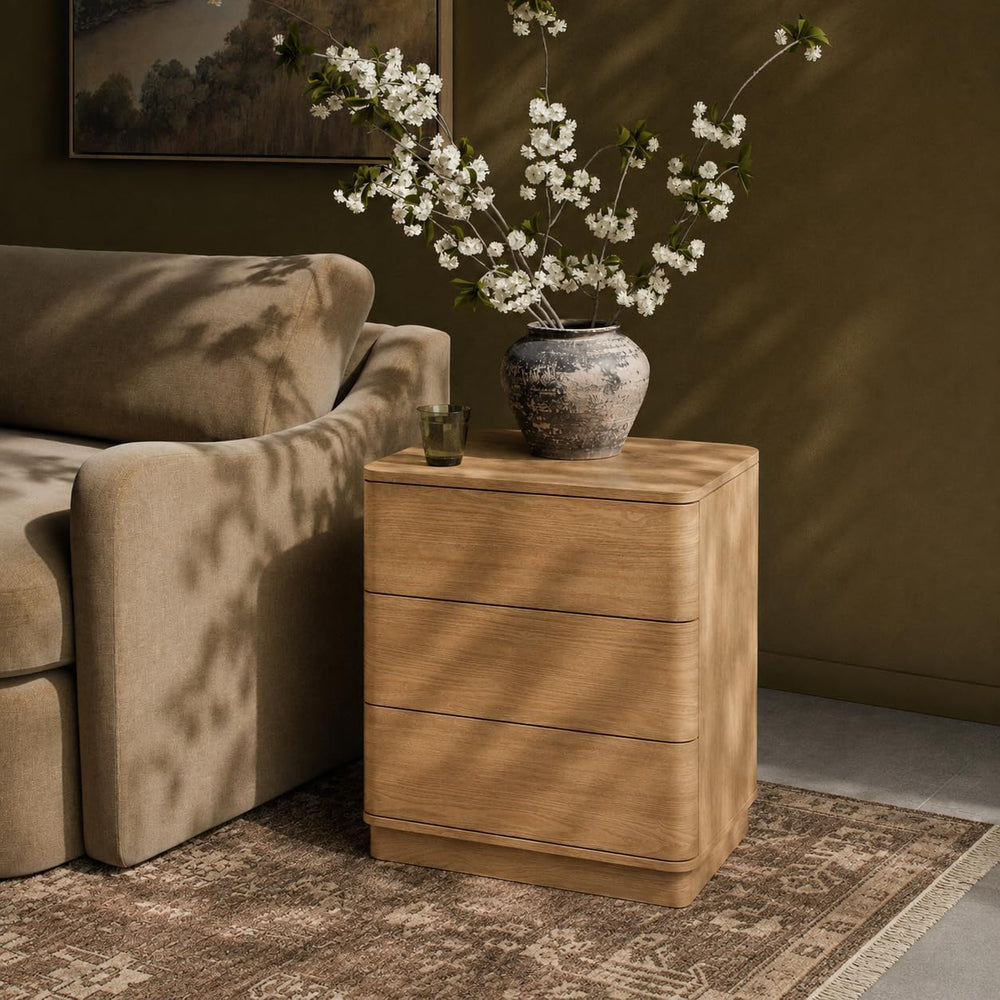Curved Nightstand with Hidden Drawer | 3 Push-to-Open Drawers | Natural Oak & Walnut 8
