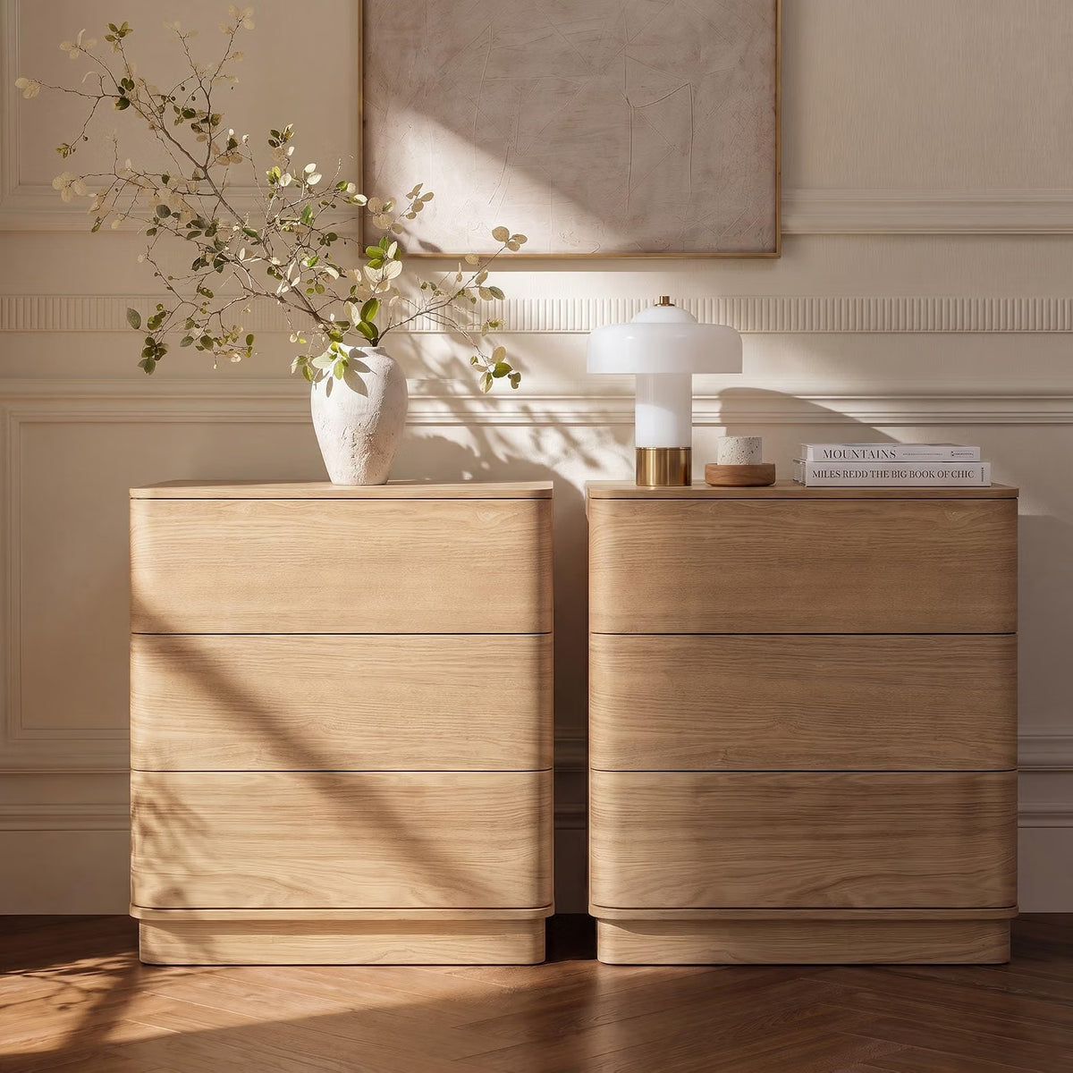 Curved Nightstand with Hidden Drawer | 3 Push-to-Open Drawers | Natural Oak & Walnut 9