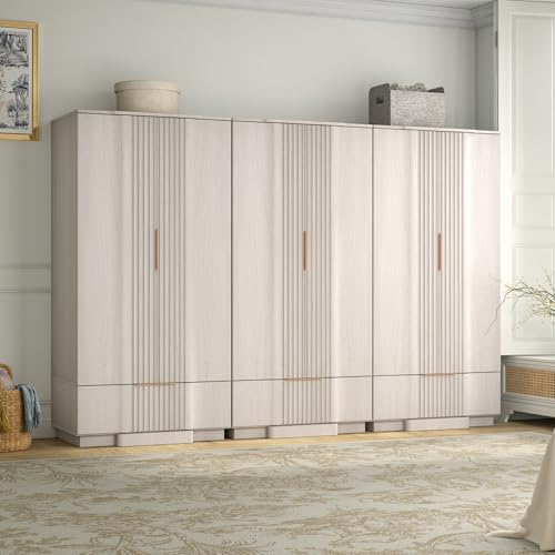 Yechen 67" Fluted White Armoire Wardrobe with Doors & Drawer - Natural Wood Closet Cabinet