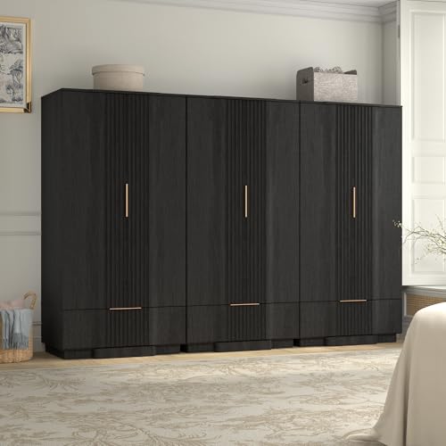 Yechen 67" Fluted Black Armoire Wardrobe with Doors & Drawer - Modern Wood Closet Cabinet