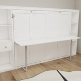 Queen Horizontal Murphy Bed with Desk & Storage – White