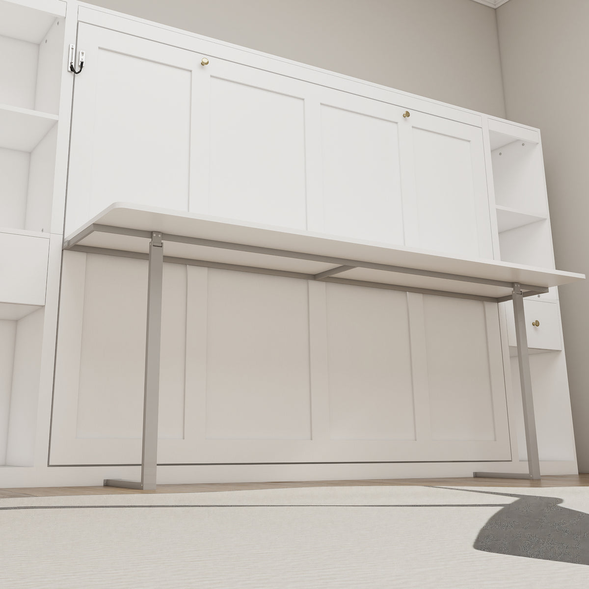 Queen Horizontal Murphy Bed with Desk & Storage – White
