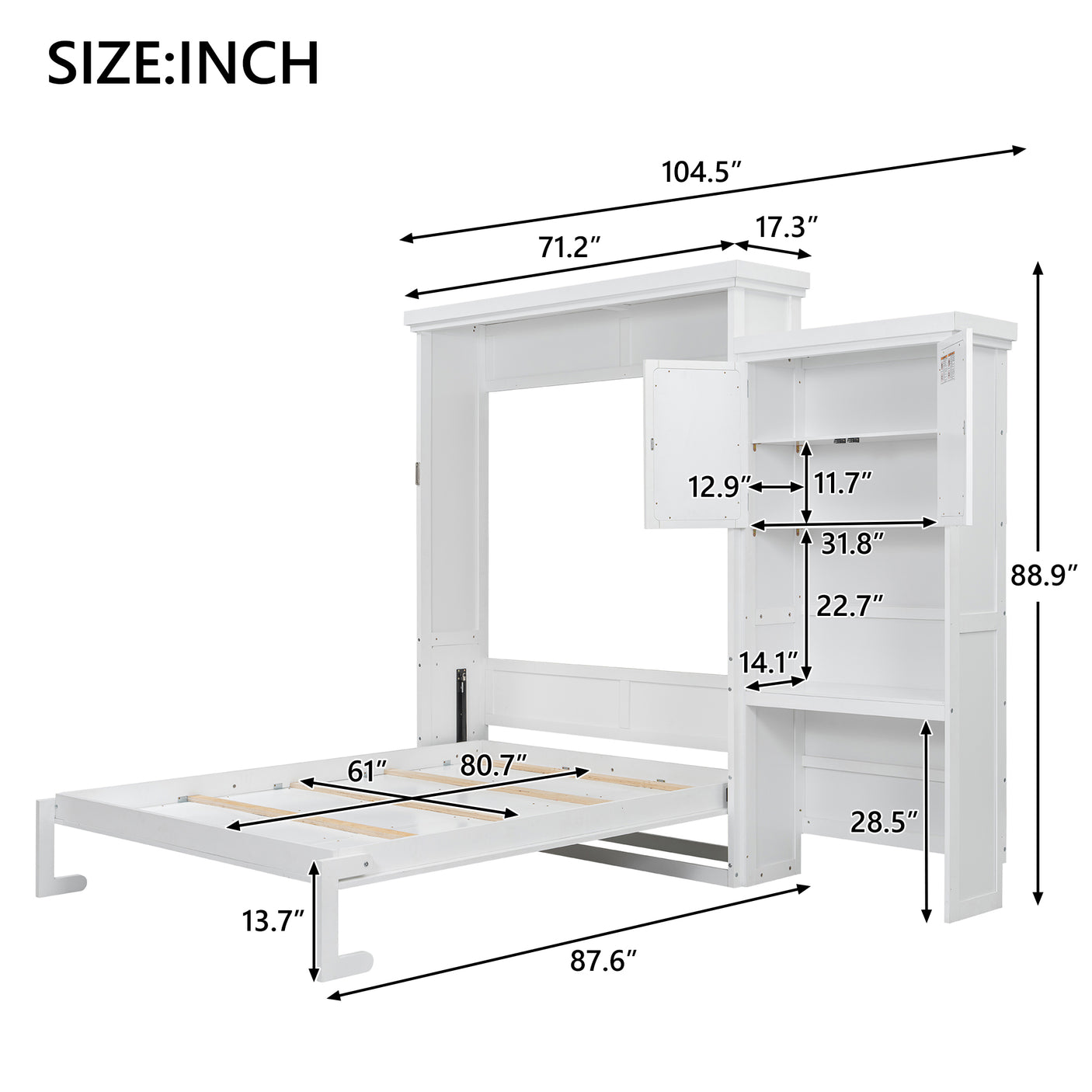 89" H Queen Size Murphy Bed with Closet, Drawers and Open Shelves