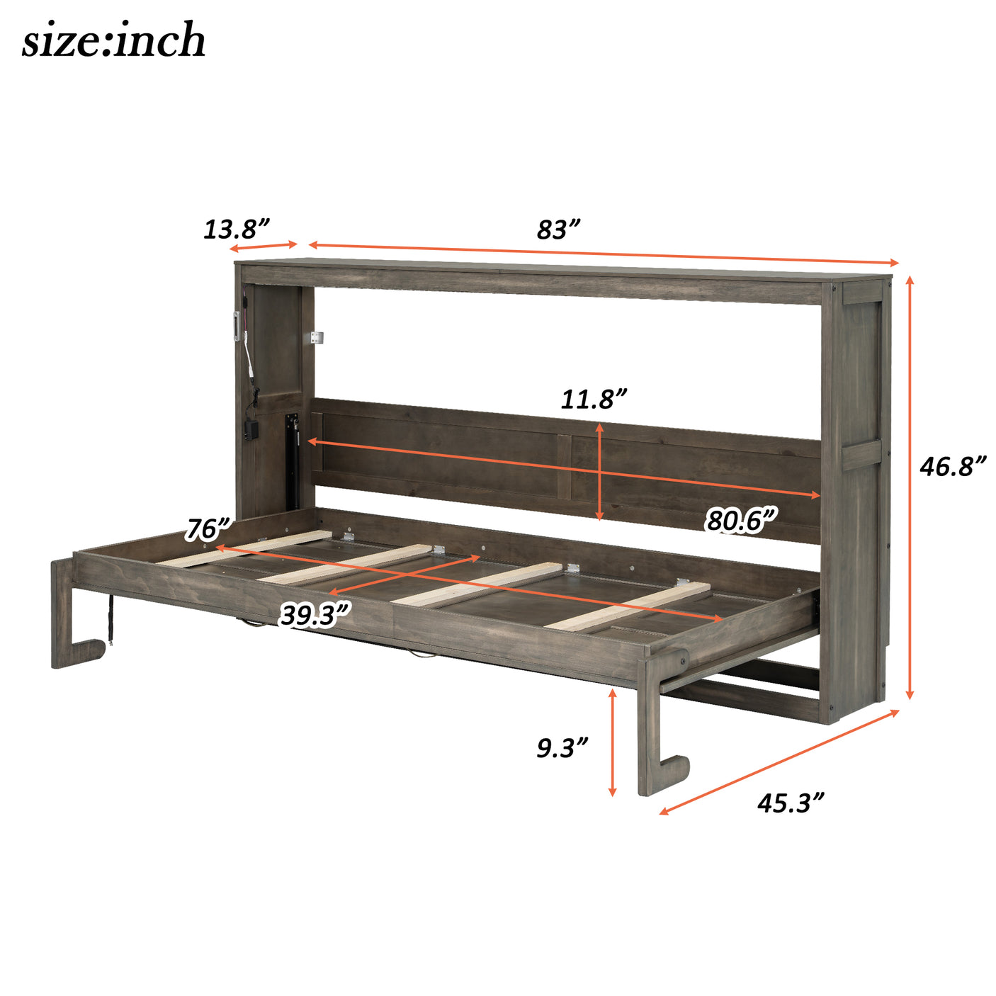 Twin Size Murphy Bed with LED Lights, Foldable Wall Bed Frame