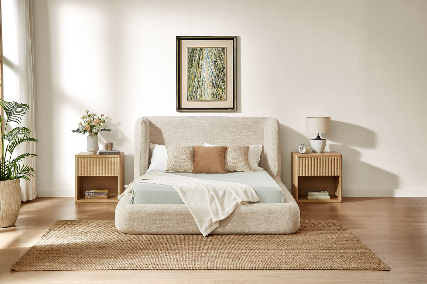 YECHEN Queen Cloud Bed Frame - Modern Upholstered Platform Bed with Curved Headboard, Water-Resistant Bouclé Fabric, Tool-Free Assembly, No Box Spring Needed