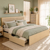 Boho Cane Wood Bed | Natural Rattan Headboard, 4 Storage Drawers, Light Oak Platform Frame