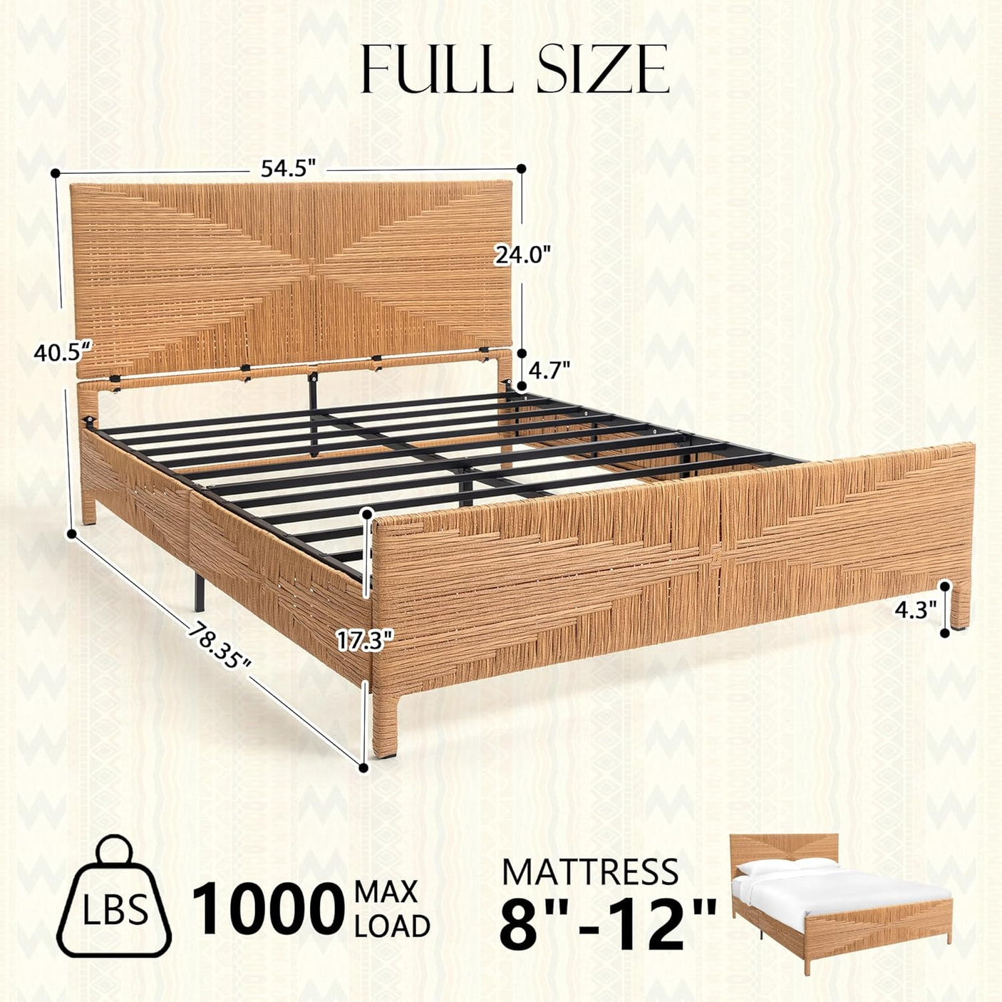 Yechen Home Hand-Woven Rattan Bed with Vintage Headboard