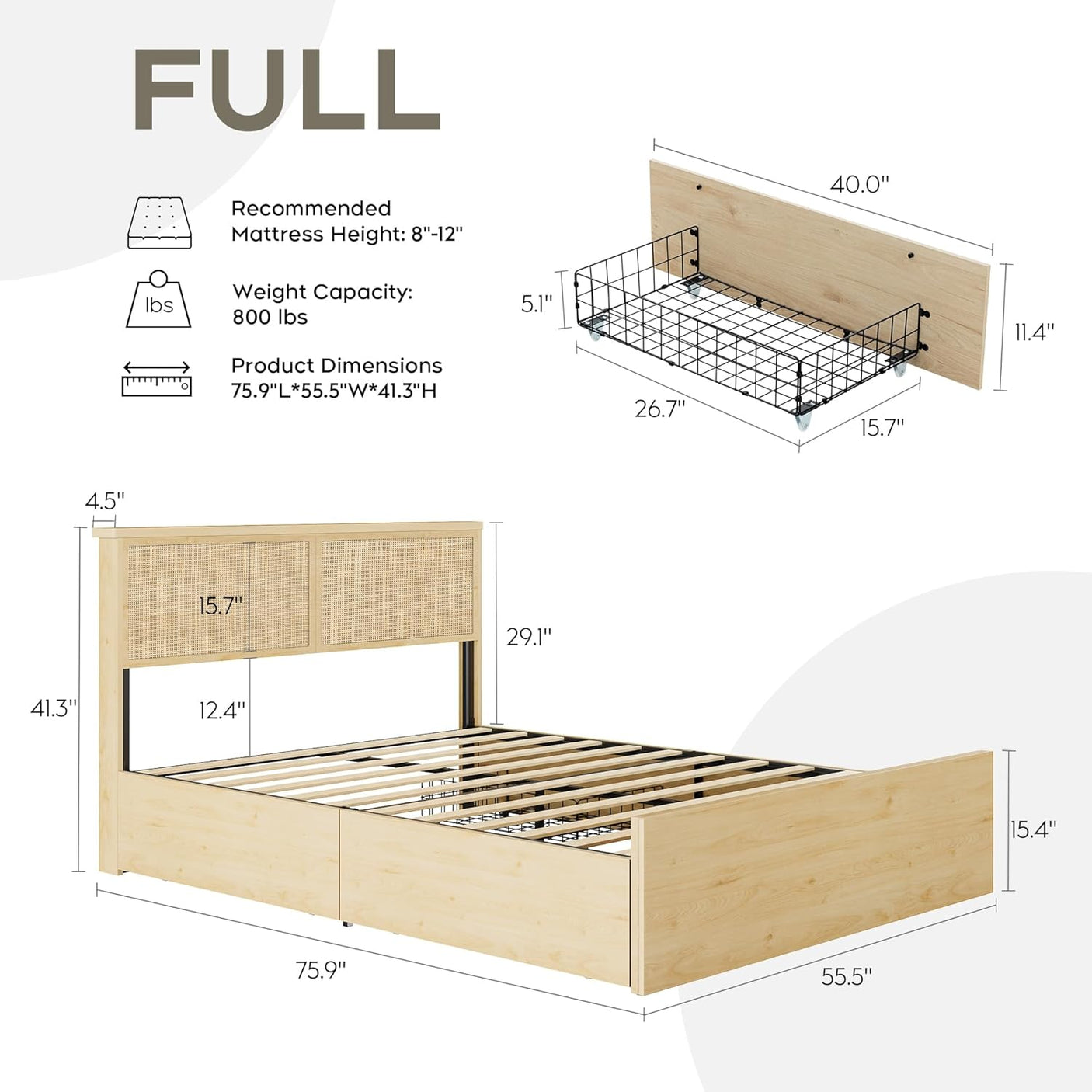Boho Cane Wood Bed | Natural Rattan Headboard, 4 Storage Drawers, Light Oak Platform Frame