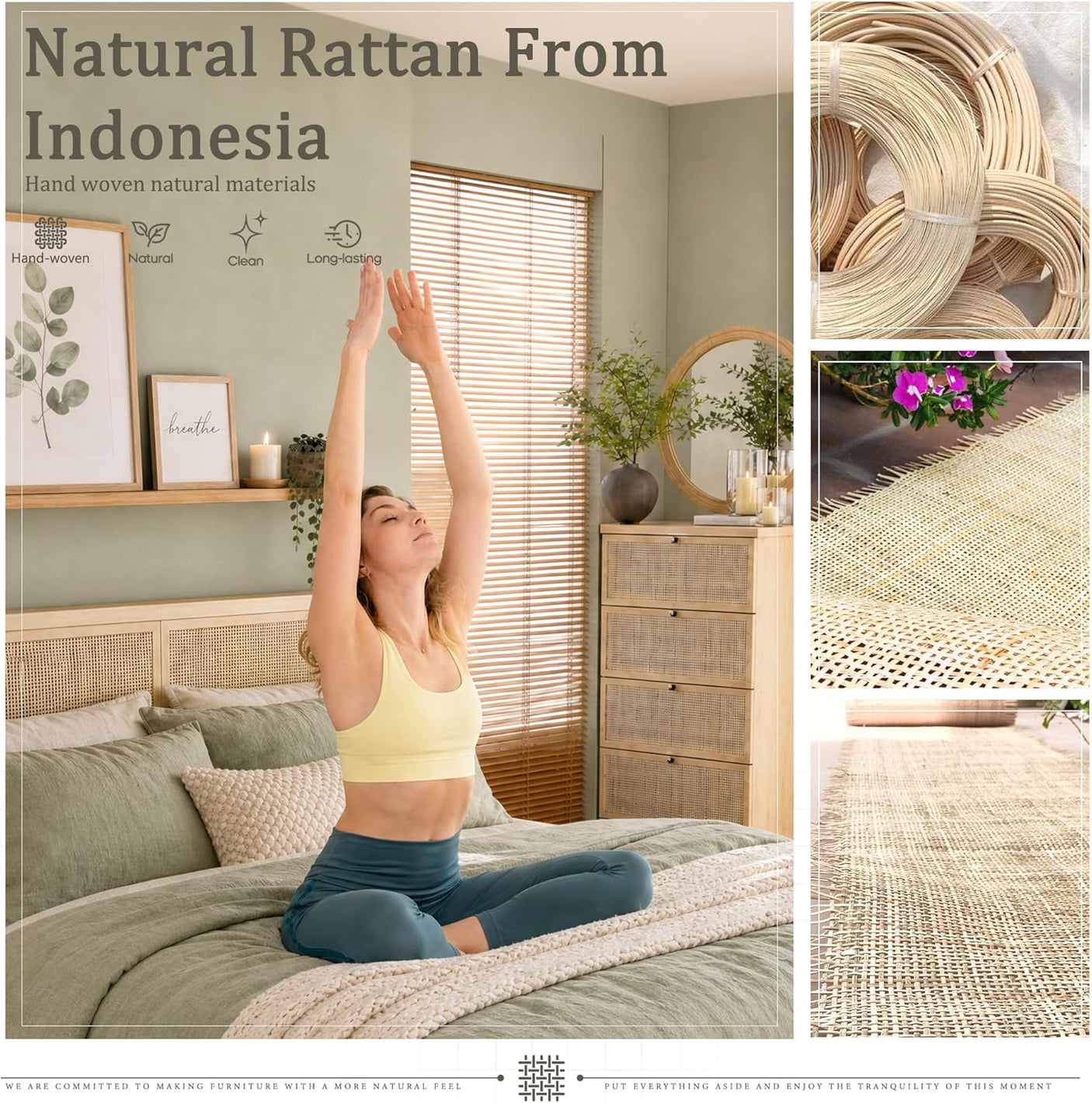 Boho Cane Wood Bed | Natural Rattan Headboard, 4 Storage Drawers, Light Oak Platform Frame