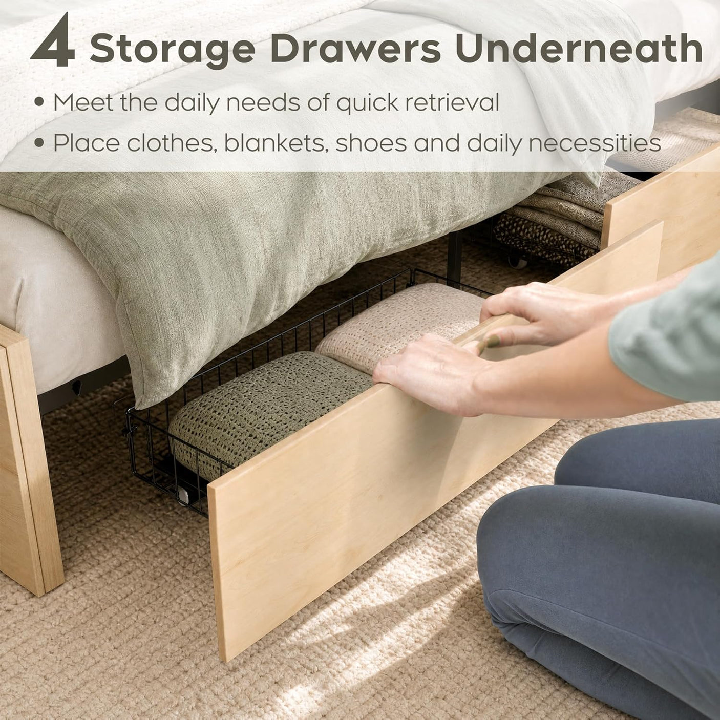 Boho Cane Wood Bed | Natural Rattan Headboard, 4 Storage Drawers, Light Oak Platform Frame