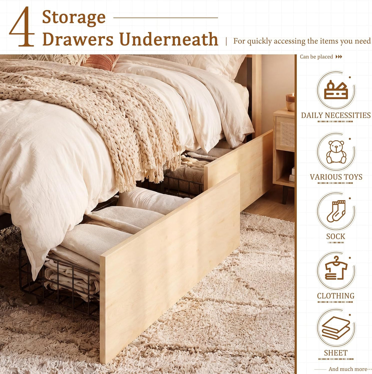 Boho Natural Rattan Bed Frame with 4 Storage Drawers | Sturdy Metal Support
