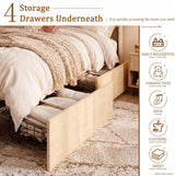 Boho Natural Rattan Bed Frame with 4 Storage Drawers | Sturdy Metal Support
