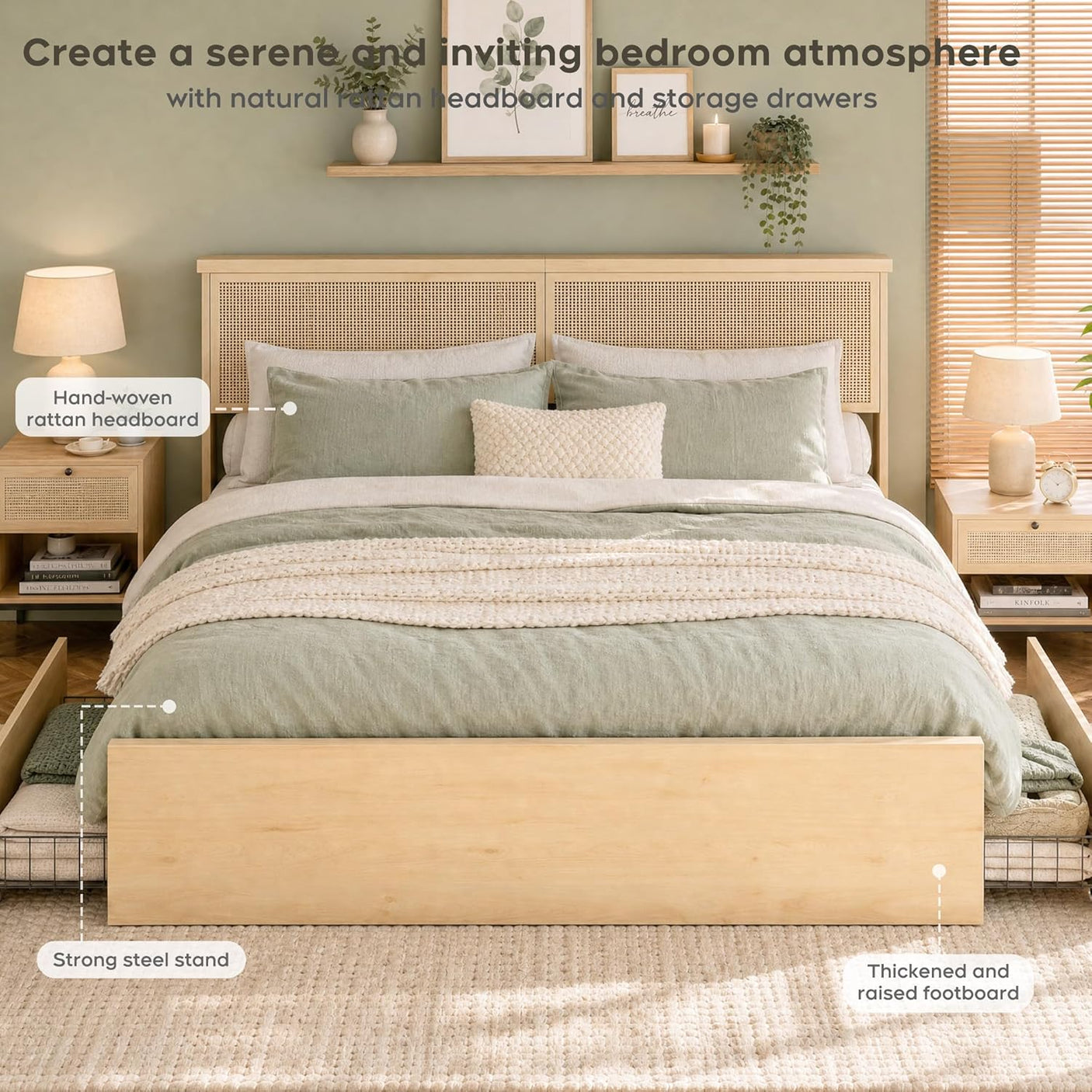 Boho Cane Wood Bed | Natural Rattan Headboard, 4 Storage Drawers, Light Oak Platform Frame