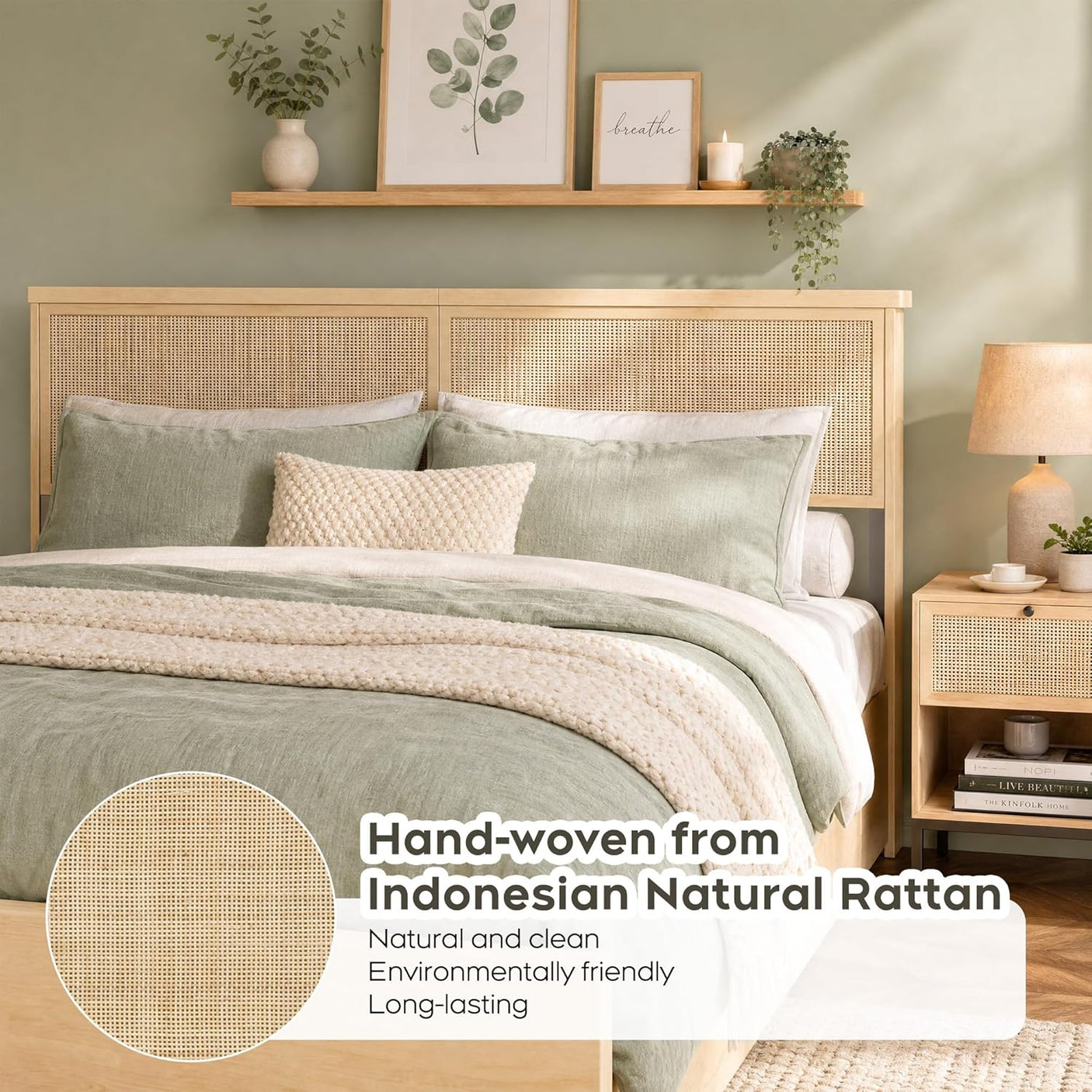Boho Cane Wood Bed | Natural Rattan Headboard, 4 Storage Drawers, Light Oak Platform Frame