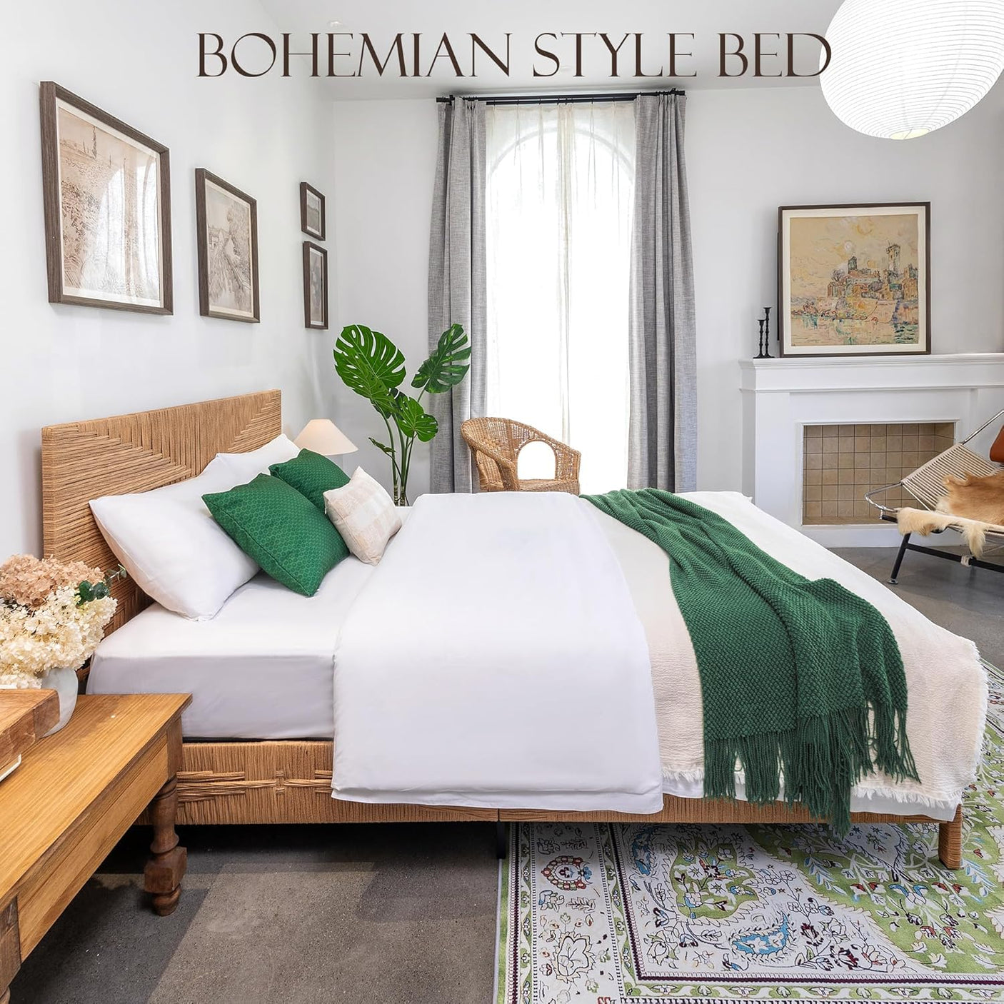 Yechen Home Hand-Woven Rattan Bed with Vintage Headboard