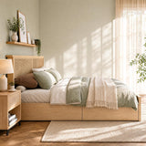 Boho Cane Wood Bed | Natural Rattan Headboard, 4 Storage Drawers, Light Oak Platform Frame