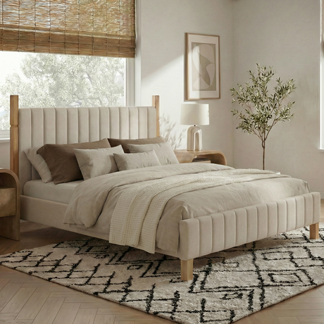 Full Size Natural Wood Bed Frame with Headboard - Modern Platform Bed