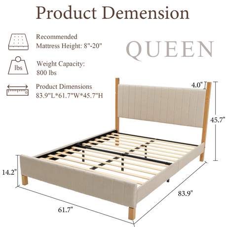 Full Size Natural Wood Bed Frame with Headboard - Modern Platform Bed
