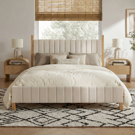 Full Size Natural Wood Bed Frame with Headboard - Modern Platform Bed