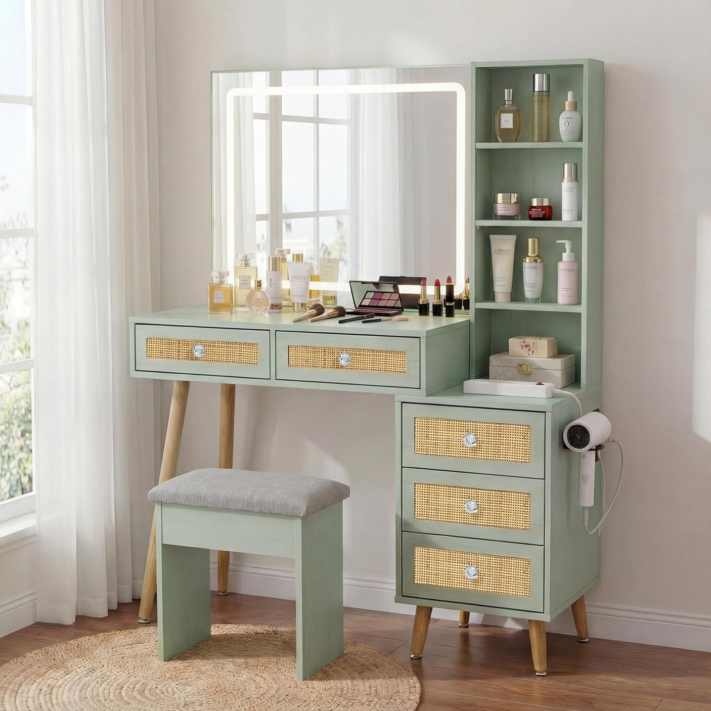 Rattan Makeup Vanity Set with Lighted Mirror & Stool | 43.3" | 5 Drawers | Charging Station | Natural Wood or Mint