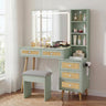 Rattan Makeup Vanity Set with Lighted Mirror & Stool | 43.3" | 5 Drawers | Charging Station | Natural Wood or Mint