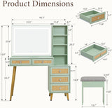 Rattan Makeup Vanity Set with Lighted Mirror & Stool | 43.3" | 5 Drawers | Charging Station | Natural Wood or Mint