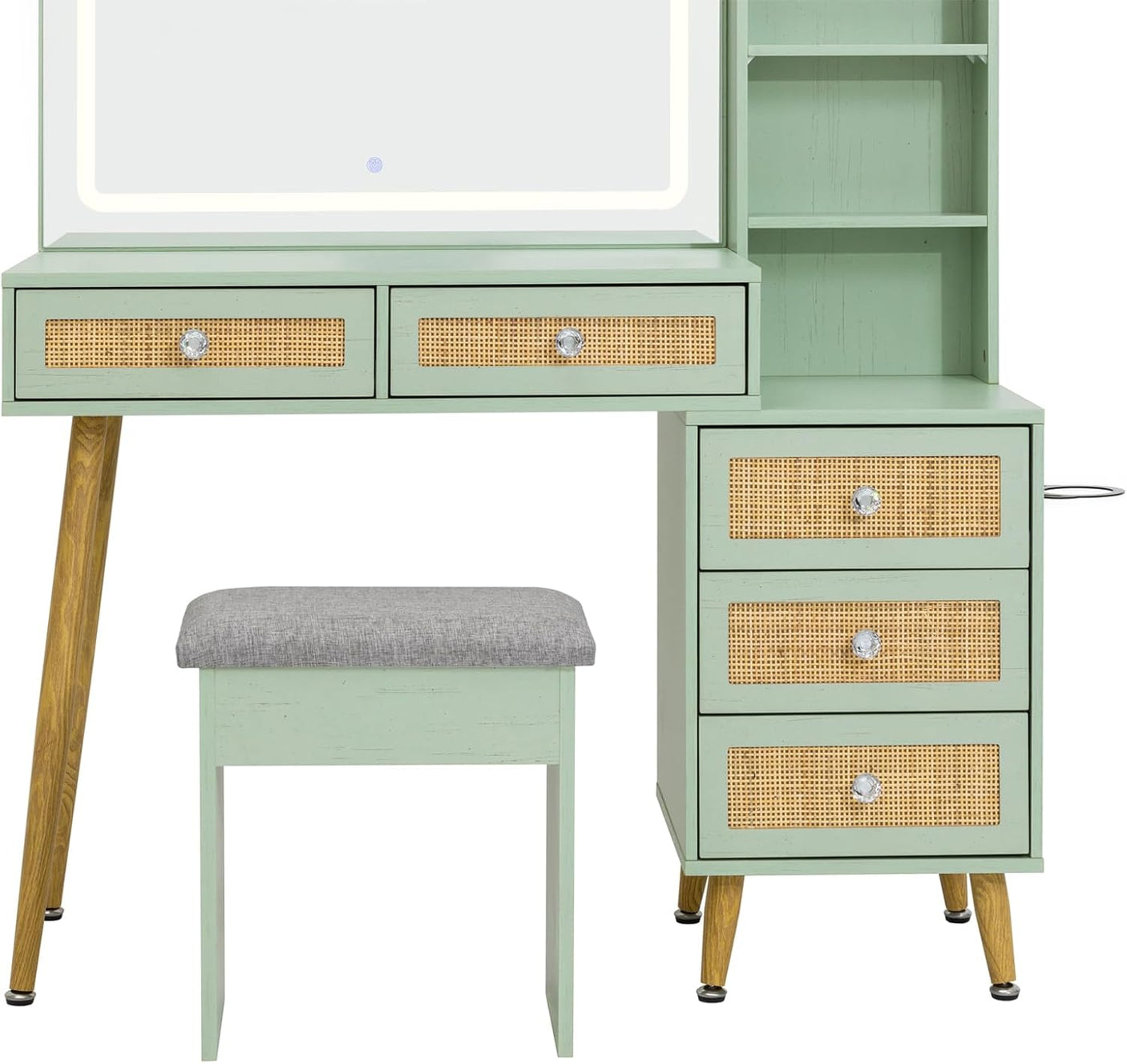 Rattan Makeup Vanity Set with Lighted Mirror & Stool | 43.3" | 5 Drawers | Charging Station | Natural Wood or Mint