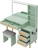 Rattan Makeup Vanity Set with Lighted Mirror & Stool | 43.3" | 5 Drawers | Charging Station | Natural Wood or Mint