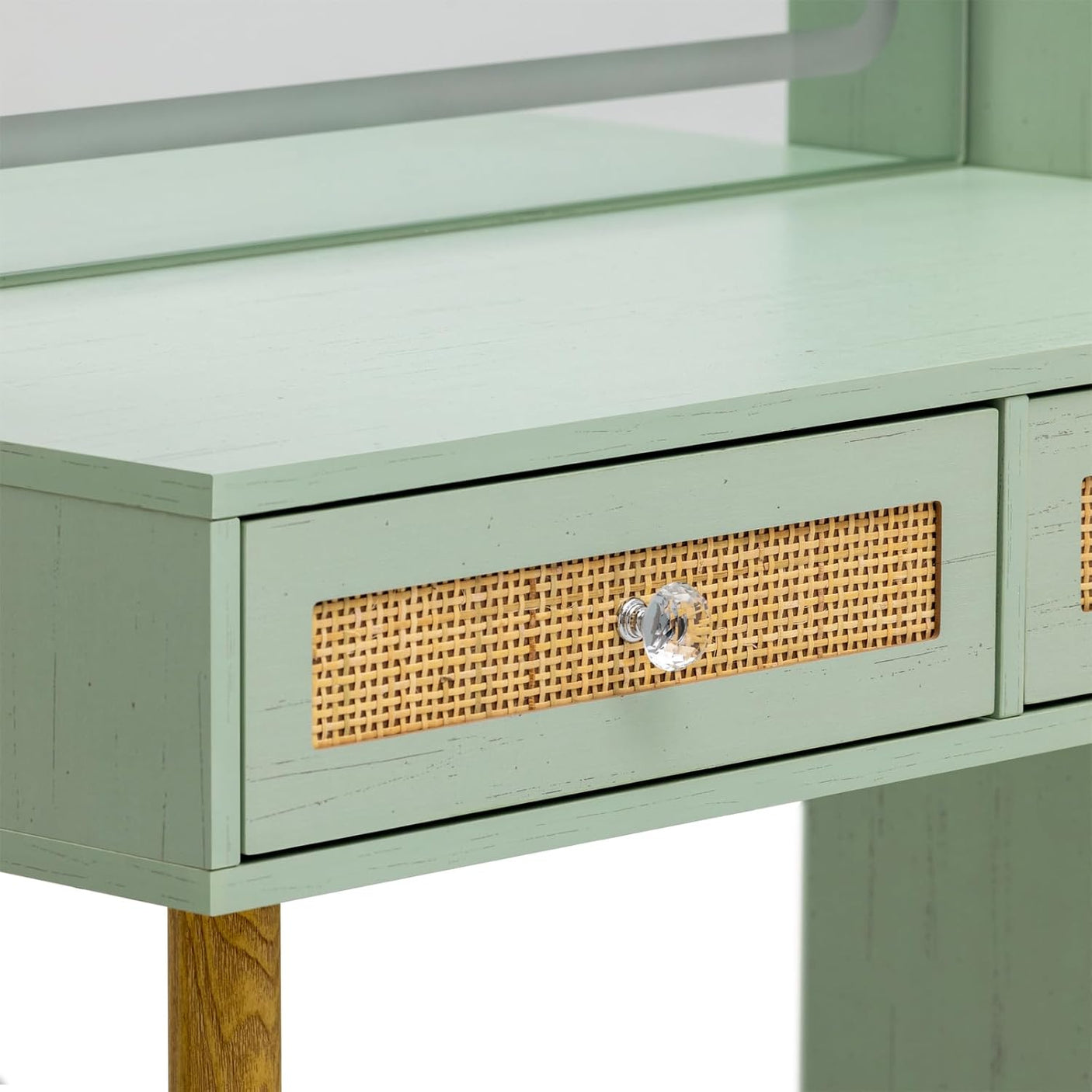 Rattan Makeup Vanity Set with Lighted Mirror & Stool | 43.3" | 5 Drawers | Charging Station | Natural Wood or Mint