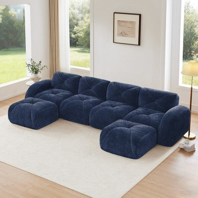 Oversized Modular Tufted Velvet Deep Seat Sofa with Ottomans - 32D Foam, No Assembly Required
