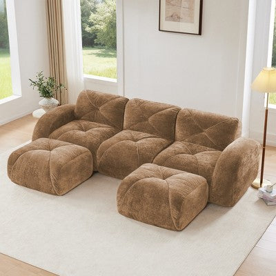 Oversized Modular Tufted Velvet Deep Seat Sofa with Ottomans - 32D Foam, No Assembly Required