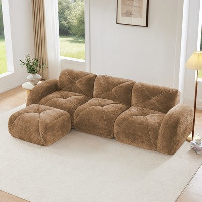 Oversized Modular Tufted Velvet Deep Seat Sofa with Ottomans - 32D Foam, No Assembly Required