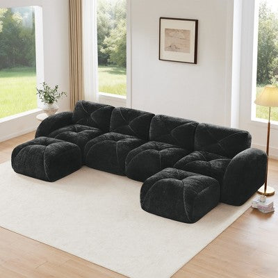 Oversized Modular Tufted Velvet Deep Seat Sofa with Ottomans - 32D Foam, No Assembly Required