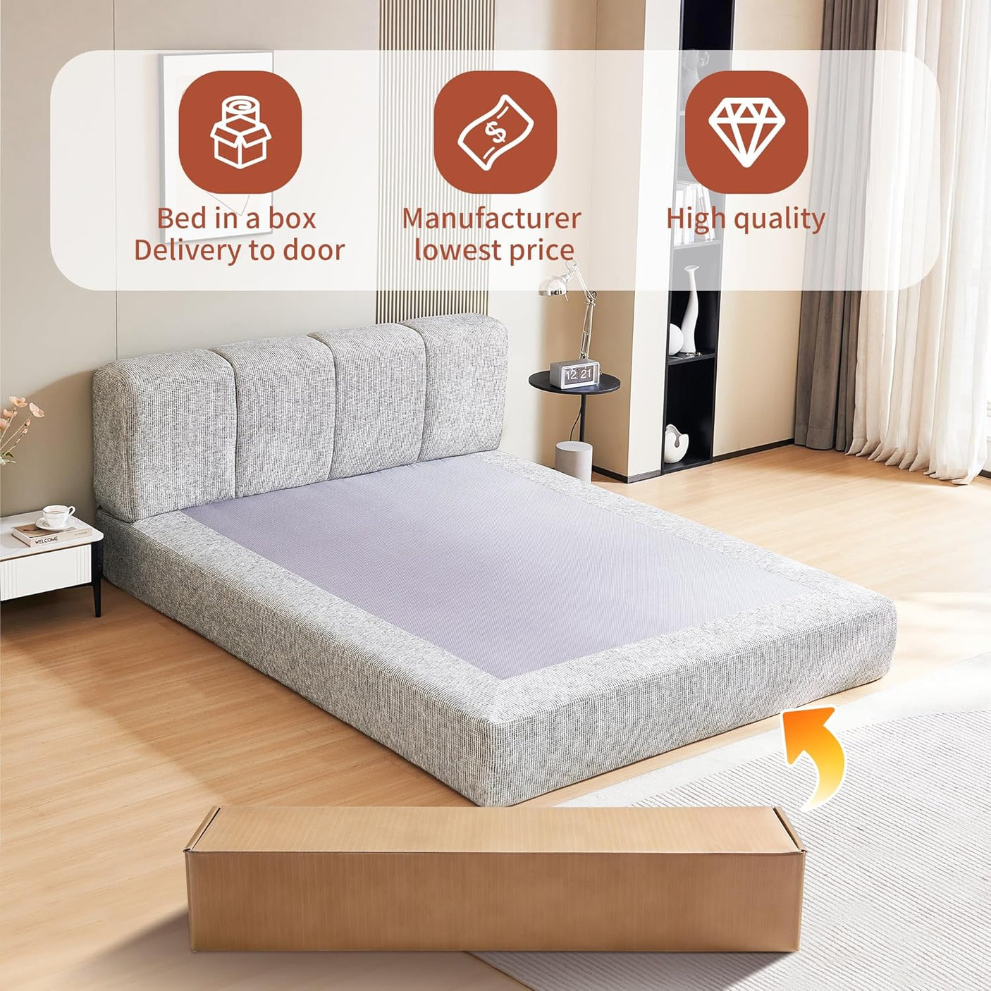 Cloud Bed Frame - Queen Upholstered Linen Platform Bed Frame, 1-Minute Tool-Free Setup, Modern Padded Headboard Mattress Foundation, Supportive Dual-Core Silent Bed Frame